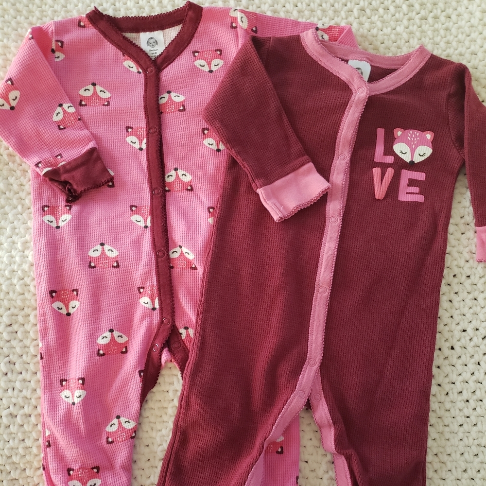 Set of 2 baby girl pink thermal fox sleepers 6-9M